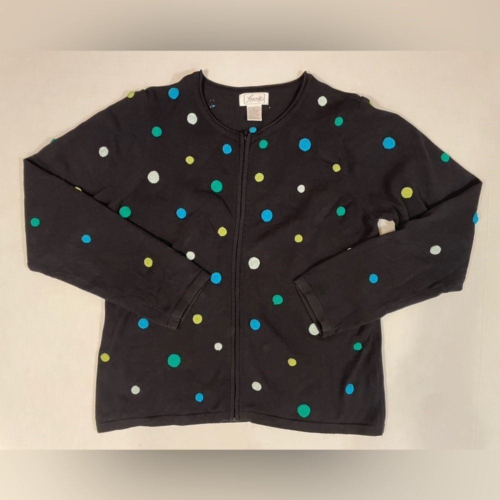 Cotton Blend Black Multicolored Polka Dots Long Sleeve Zipper Cardigan Size M